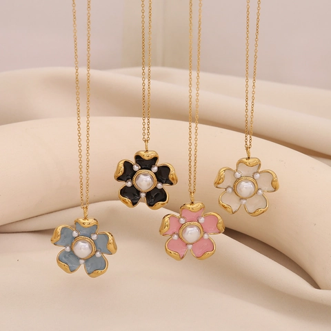 Collana Con Ciondolo A Fiore Acciaio Inossidabile Smalto Fiore Perla Artificial Imitazione Placcato Oro Gioielli Di Moda Per Donna