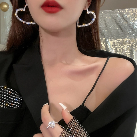 Large Heart Shape Hoop Earrings Rhinestone Inlaid Alloy With 925 Sterling Silver Earring Post Jewelry For Women