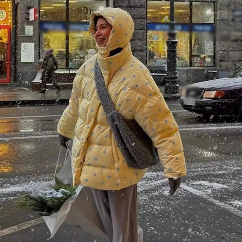 Women Hooded Padded Jacket Floral Print Warm Winter Loose Polyester Fiber Windproof Outerwear Casual Coat