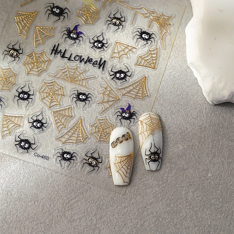 Adesivi Unghie Halloween 5D Rilievo Tela Ragno Oro Metallico Ragno Nero Impermeabile Autoadesivi DIY Decals