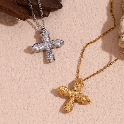 Collana Con Pendente A Croce Martellata Vintage Acciaio Inossidabile 316L Placcato Oro 18K Texture Fusa Gioielli Donna