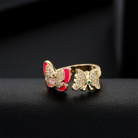 Verstellbarer Schmetterling Offener Ring Kupfer 18K Vergoldet Emaille Zirkon Süßer Frischer Stil Schmuck Für Damen