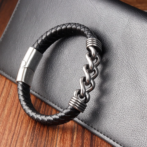 Heren Gevlochten Leren Armband Met 316L Roestvrijstalen Cubaanse Ketting Multi Layer Mode Punk Magnetische Sluiting Sieraden