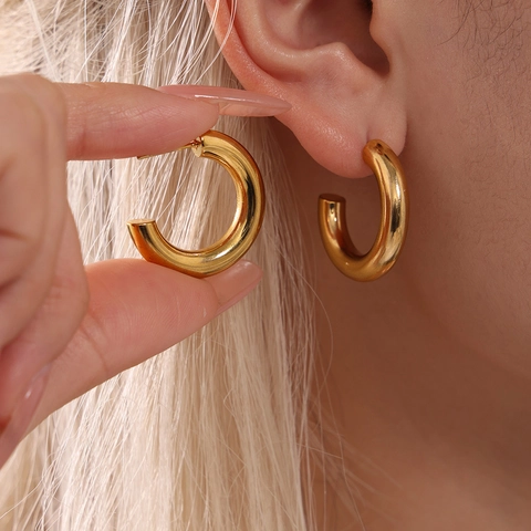 Pendientes de Aro en Forma de C de Acero Inoxidable para Mujer Bañados en Oro de 18K Chunky Sólidos Aretes Geométricos Joyería de Moda
