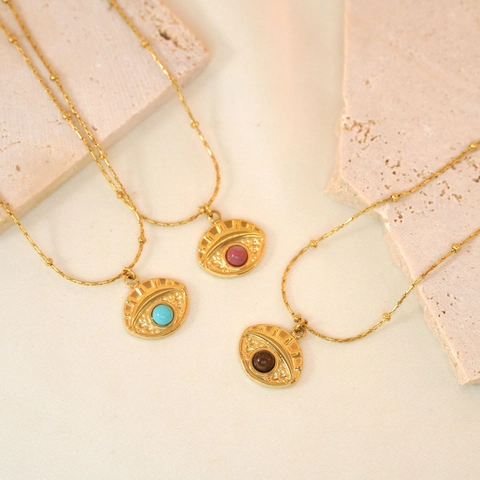 Evil Eye Pendant Necklace 14K Gold Plated Stainless Steel Natural Stone Rhodonite Amazonite Tiger Eye Jewelry Women