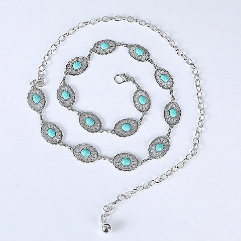 Chaîne de Taille Bohème Vintage en Métal Argenté pour Femme avec Incrustation de Turquoise Synthétique Style Ethnique pour Robes Jeans