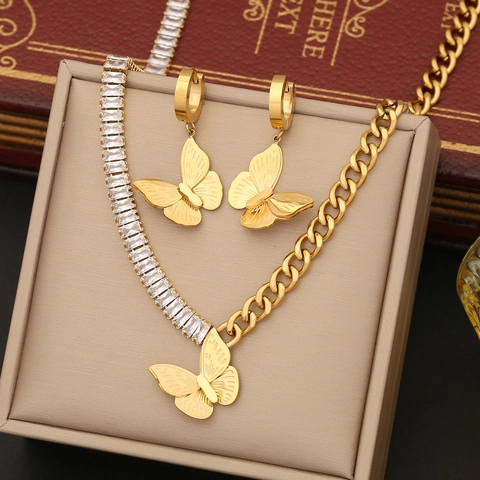 Gioielli Farfalla Collana Orecchini Bracciale In Acciaio Inossidabile Dorato Zirconia Cubica Quadrata Catena Tennis Cubana Per Donna Elegante