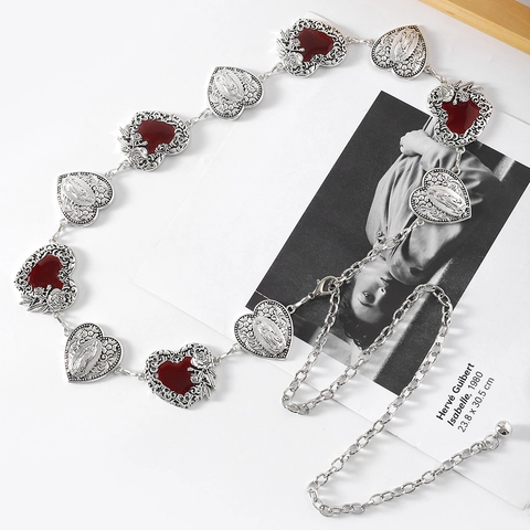 Cinturón de Cadena de Cintura Vintage de Metal Corazón para Mujer Con Esmalte Rojo Talla Religiosa Cadena Ajustable Plata