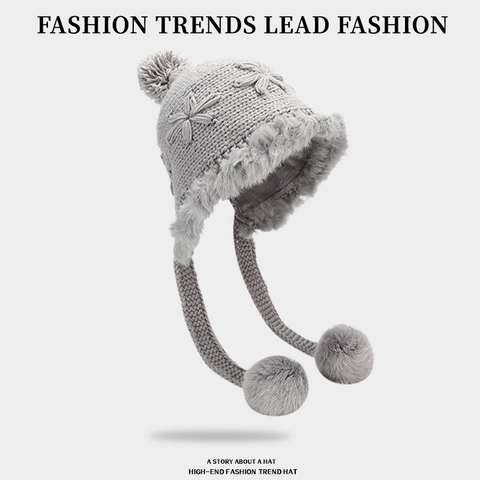 Bonnet D'hiver Tricoté Pour Femme Avec Protège-Oreilles Bordure En Fausse Fourrure Pompons Doublure Peluche Épaisse
