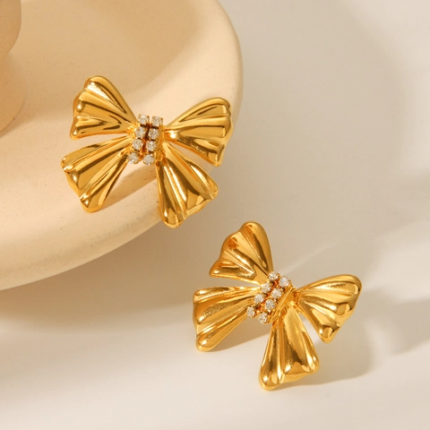 Pendientes De Botón Con Lazo Chapado En Oro De 18K Acero Inoxidable Diamante De Imitación Elegante Para Mujer