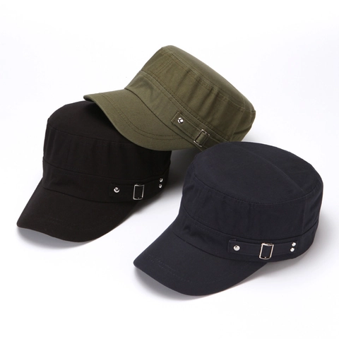 Vintage Cotton Canvas Cadet Cap Flat Top Military Style Hat Adjustable Metal Buckle Sun Protection Unisex Casual
