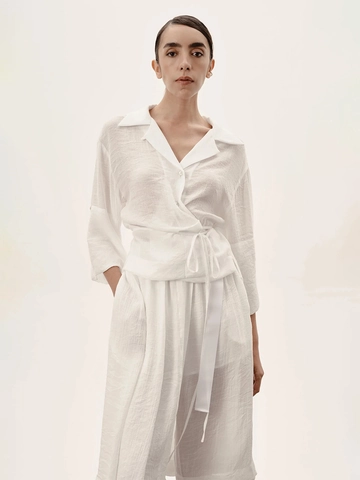 Women White Lyocell Polyester Crinkle Button Up Shirt And Wide Leg Cropped Pants Tie Waist Solid Color Relaxed Fit