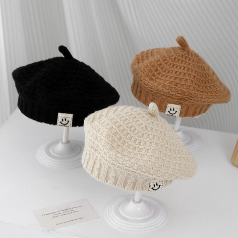 Kids Knitted Beret Hat Winter Warm Soft Crochet Pumpkin Cap With Smile Patch For Toddler Boys Girls Baby Solid Color Headwear