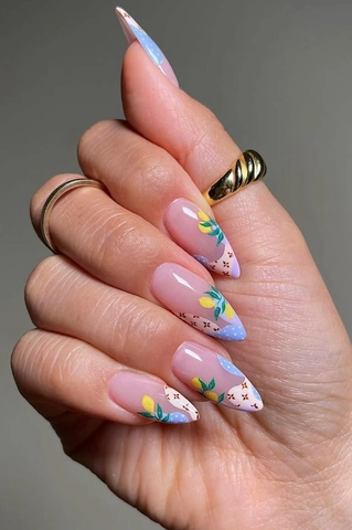 Almond Press On Nails Lemon Floral Pattern Blue Polka Dot French Manicure False Nails Summer Sweet Style Plastic
