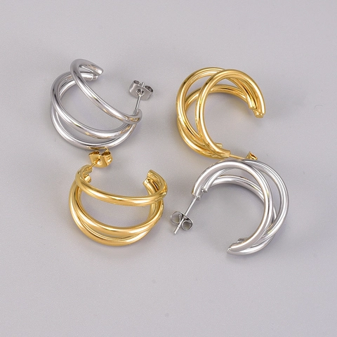 Multilayer Hoop Earrings 18K Gold Plated 316L Stainless Steel Geometric C Shaped Studs For Women Minimalist Jewelry