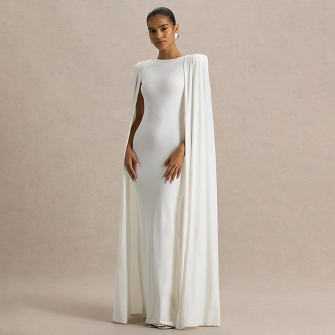 Damen Elegant Rundhals Cape Ärmel Maxikleid Hohe Taille Plissiert Bodycon Abendkleid Mit Schlitz Saum Einfarbig Formelles Kleid