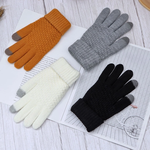 Women Men Winter Warm Knitted Touchscreen Gloves Thickened Fleece Lined Jacquard Pattern Solid Color Outdoor Mittens