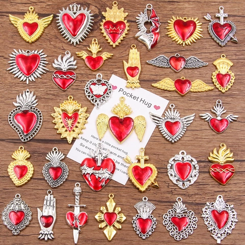 Pocket Hug Heart Pendant Zinc Alloy Red Enamel Keepsake Gift With Motivational Message Card Gothic Sacred Heart Token