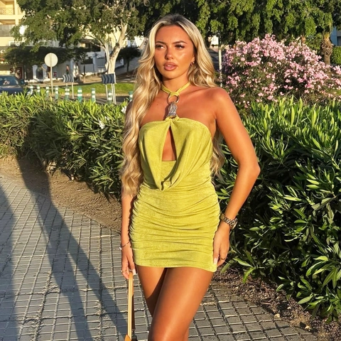 Mini Kleid Halterneck Gerafft Bodycon Strick Hohl Sexy Ärmellos Clubwear Für Frauen Mit Metallring