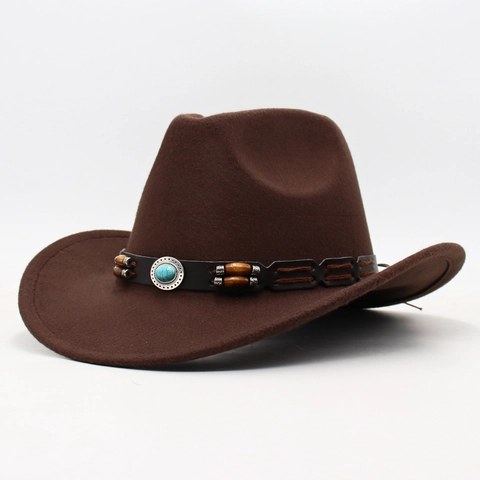 Chapeau De Cow-Boy Western Fedora En Feutre De Laine Rétro Ethnique Avec Ceinture En Cuir Perles De Bois Turquoise