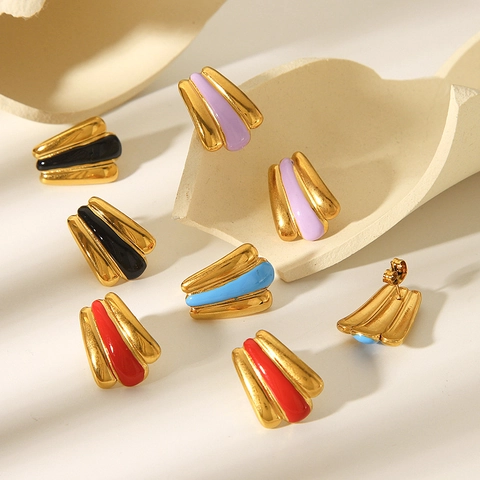 Pendientes De Botón Forma De Abanico Acero Inoxidable Chapado En Oro 18K Esmalte Geométrico Joyería Retro Para Mujeres