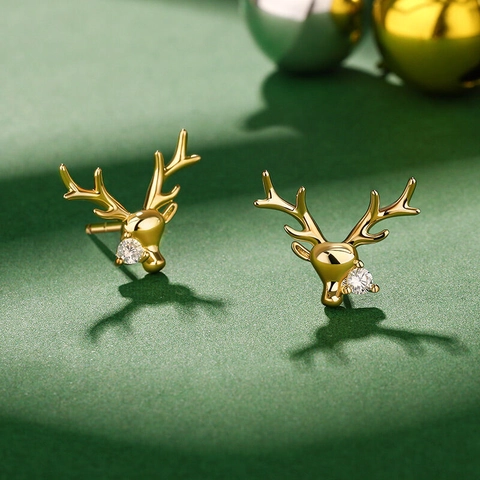 Reindeer Antler Stud Earrings Copper With Cubic Zirconia Christmas Holiday Jewelry For Women Cute Novelty