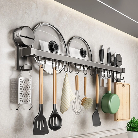 Kitchen Storage Rack Wall Mounted Space Aluminum Suction Cup Hook Rod Organizer For Utensils Knives Pot Lid Gun Grey