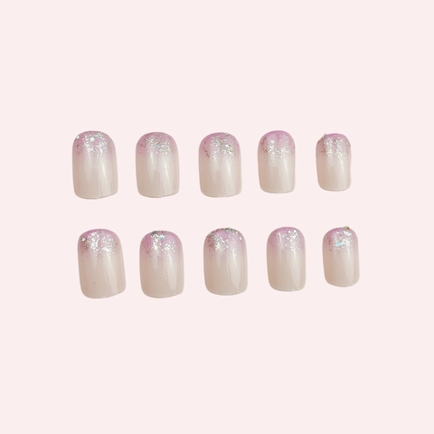 Pink Ombre Glitter Press On Nails Gradient Silver Sparkling Square False Nail Tips For Women Elegant Sweet Style