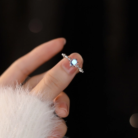 S925 Sterling Silver Moonstone Open Ring For Women Adjustable Geometric Ring With Rhinestone Fashion Commute Jewelry Gift