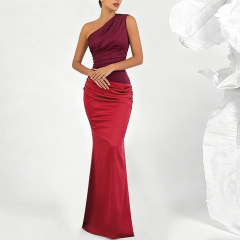 One Shoulder Evening Gown Satin Ruched Fishtail Maxi Dress Two Tone Bodycon Party Wedding Guest Prom Apparel For Women