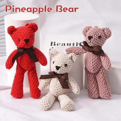 Knitted Teddy Bear Plush Toy Pendant Pineapple Texture Soft Animal With Ribbon Bow For Bag Keychain Accessory Gift