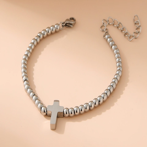 Pulsera Minimalista de Acero Inoxidable con Colgante de Cruz de Cuentas para Mujer Ajustable Oro Plata Joyería de Moda