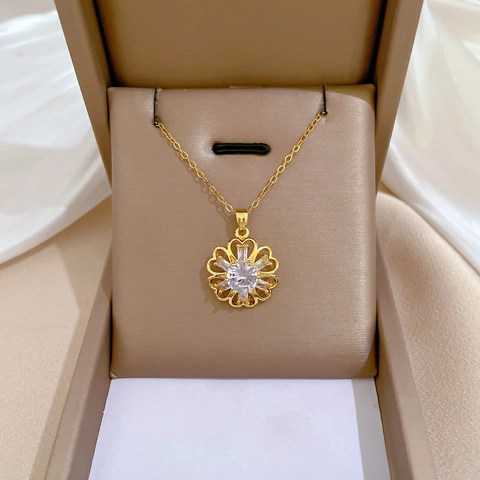Collana Con Pendente A Fiore Cavo Catena In Acciaio Inossidabile Rame Zirconia Eleganti Gioielli Placcati Oro Per Donna