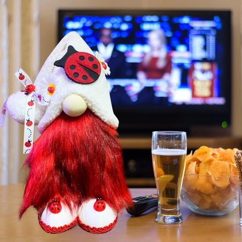 Decorazione Gnomo Di Natale Tema Coccinella Bambola Di Peluche Senza Volto Barba Rossa Cappello Bianco Ornamento Scrivania