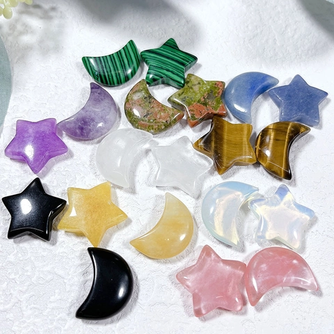 Natural Crystal Stone Star Moon Carved Gemstones Polished Healing Stones For DIY Jewelry Making Home Decor Accessories