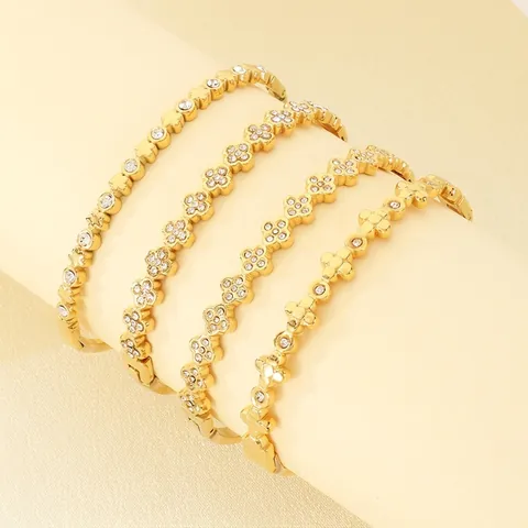 Bracciale Rigido In Acciaio Inossidabile Design Trifoglio Fiore Con Zirconi Elegante Gioiello Placcato Oro Donna