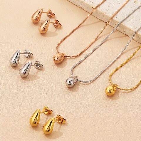 Set Gioielli Collana Orecchini a Goccia in Acciaio Inossidabile Oro Argento Oro Rosa Orecchini a Bottone Minimalisti Set