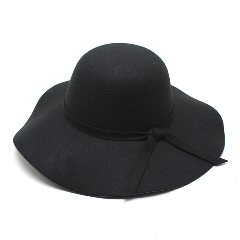 Wide Brim Fedora Hat Woolen Felt Round Top Wavy Edge Elegant Jazz Cap With Ribbon Bow For Women And Kids Autumn Winter