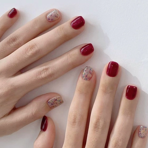 Uñas Postizas Cortas Cuadradas Color Rojo Vino Retro Purpurina Elegantes Uñas Artificiales Accesorio Manicura Para Mujeres
