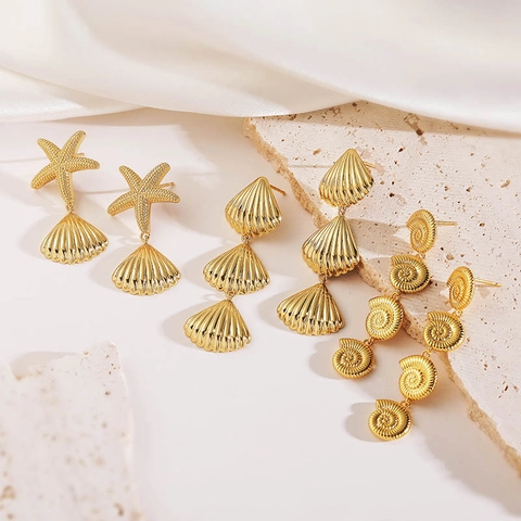 Ocean Sea Shell Starfish Conch Drop Earrings Copper Gold Silver Plated Summer Beach Vacation Style For Women