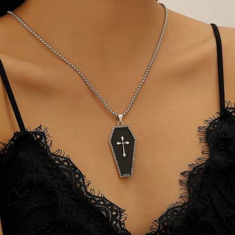 Gothic Coffin Cross Pendant Necklace Halloween Vampire Dark Punk Zinc Alloy Jewelry Box Chain Necklace For Men Women