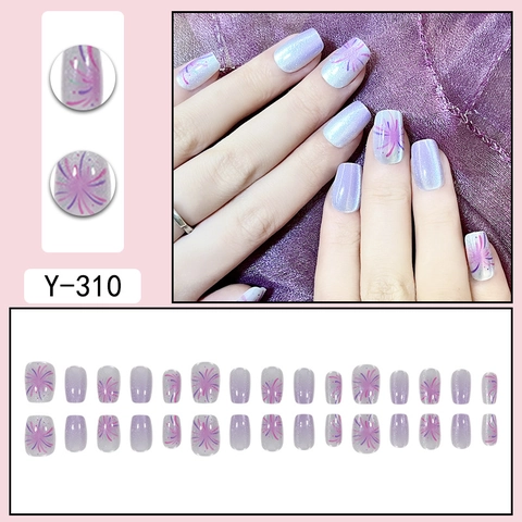 Purple Cat Eye Press On Nails With Firework Pattern Shimmer Square Round Shape Manicure Full Cover Fake Nails Y-310