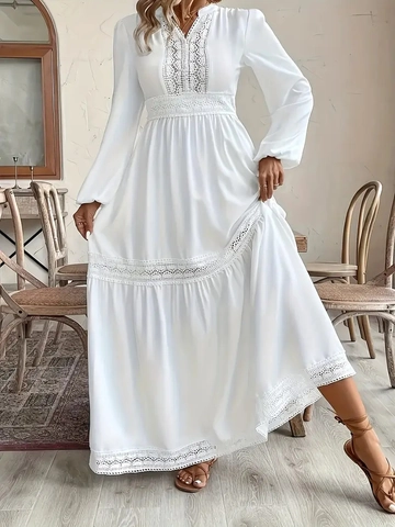 Dames Maxi Jurk Met Kant Patchwork Lange Lantaarnmouwen V-Hals Opengewerkte Bohemian Hoge Taille Elegante Vakantie Jurk