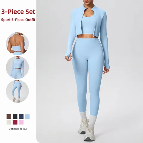 Women Yoga Outfit Nylon Spandex Breathable High Waist Leggings Zipper Jacket And Halter Bra Sports Gym Fitness Solid Color