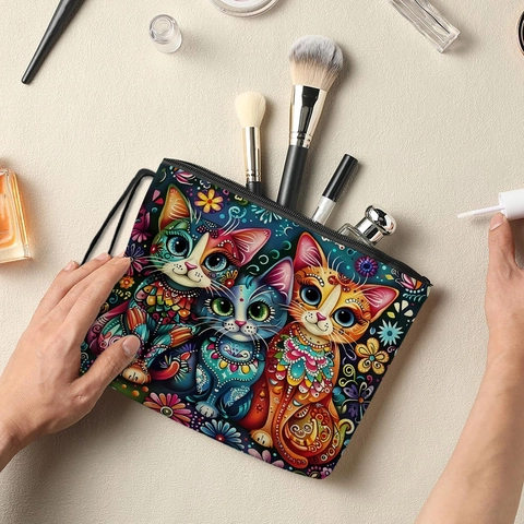 Artistic Cat Print Makeup Bag Fine Linen Cosmetic Pouch With Wrist Strap Durable Travel Toiletry Case For Women