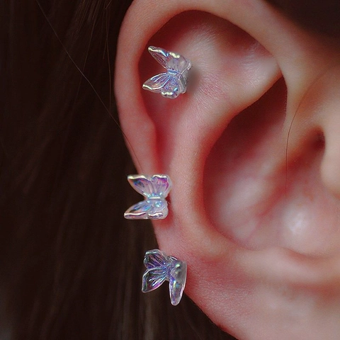 Butterfly Stud Earrings Aurora Resin Titanium Steel Screw Back Cartilage Piercing Iridescent Jewelry For Women