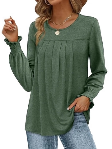 Damen Plus Size Langarm Falten T-Shirt Rundhals Puffärmel Elastische Bündchen Einfarbig Elegante Lässige Weiche Oberteile
