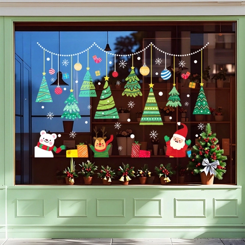 Christmas Window Stickers Static Cling PVC Reusable Santa Claus Reindeer Polar Bear Decals For Shop Glass Holiday Decor