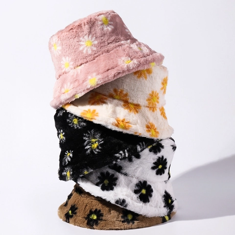 Vintage Gänseblümchen Muster Plüsch Anglerhut Für Damen Kunstpelz Polyester Warm Winddicht Winter Outdoor Reise Hut