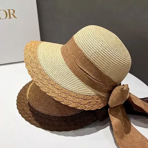 Damen Strohhut Große Krempe Faltbarer Papier Strand Sonnenhut Mit Satin Schleife Elegant Gewellter Rand Atmungsaktiv